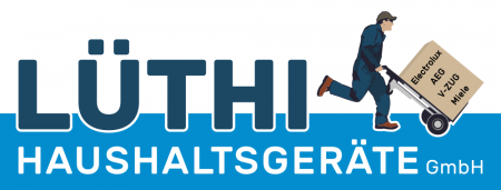 Lüthi Haushaltsgeräte GmbH. Das Logo zeigt den Firmennamen und einen Mann mit Sackkarre im Laufschritt mit einer grossem Box, auf der die Markennamen Electrolux, AEG, V-Zug und Miele stehen.